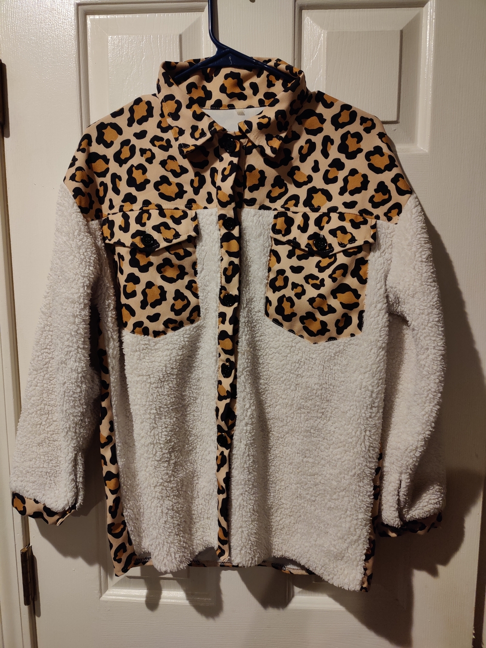 Leopard Trim Sherpa Button-Down Shirt Jacket - Cream/Leopard